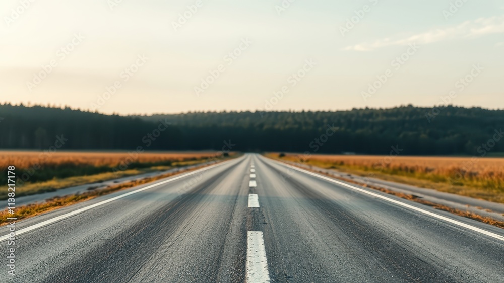Fototapeta premium A Long, Straight Asphalt Road Leads Through A Field Of Golden Grass Towards A Line Of Trees Under A Softly Lit Sky