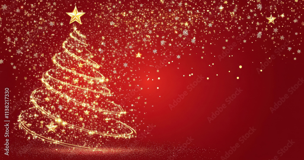 Golden Christmas tree on red background with sparkling stars and lights Golden Christmas tree on red background with sparkling stars and lights