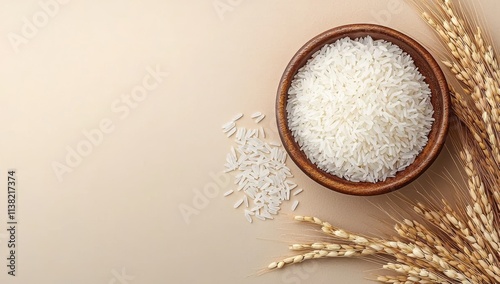 White rice in a wooden bowl with an ear of paddy on a beige background, a banner design. The concept for World Food Day.