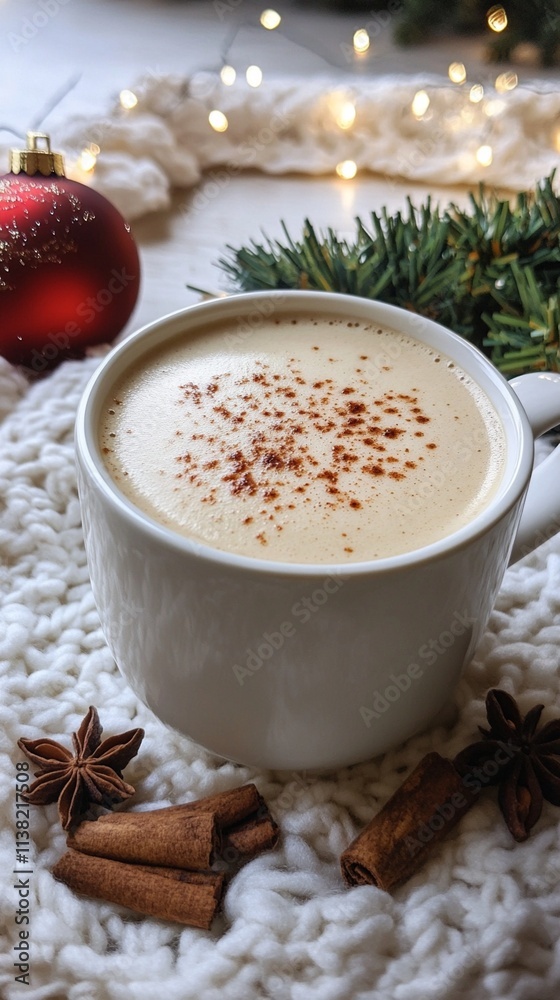 Warm festive latte adorned with sprinkling of spices in a cozy setting with Christmas ornaments and twinkling lights. Perfect for holiday ambiance and seasonal warmth.