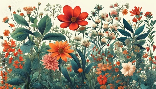 A vibrant array of flowers blooming in a lush, colorful garden in a vintage illustration