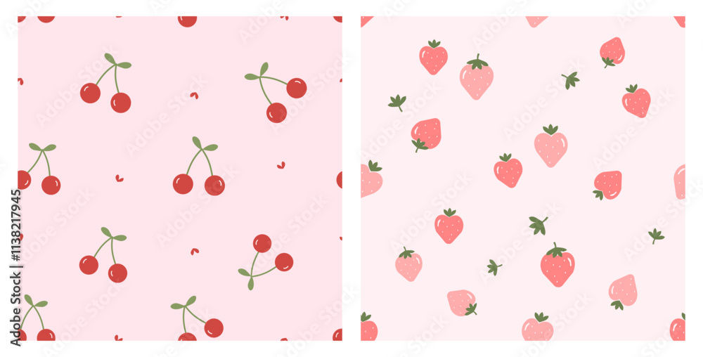 Seamless patterns with cherry fruit and strawberry on pink backgrounds vector. Cute fruit print. Seamless patterns with cherry fruit and strawberry on pink backgrounds vector. Cute fruit print.