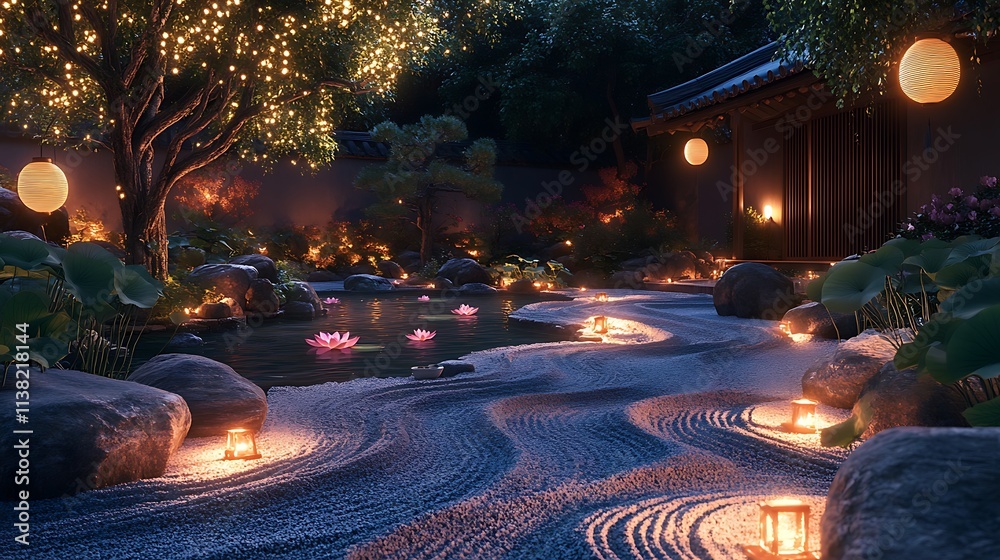 Obraz premium A mystical zen garden illuminated by lanterns, featuring a vibrant lotus pond surrounded by fine sand patterns, a peaceful stone path, and a tranquil bonsai tree, dramatic cinematic light effects.