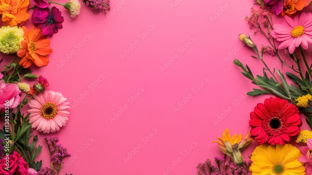 A colorful International Women's Day scene with flowers and empowering slogans against a bright pink background, macro shot, Minimalist style A colorful International Women's Day scene with flowers and empowering slogans against a bright pink background, macro shot, Minimalist style
