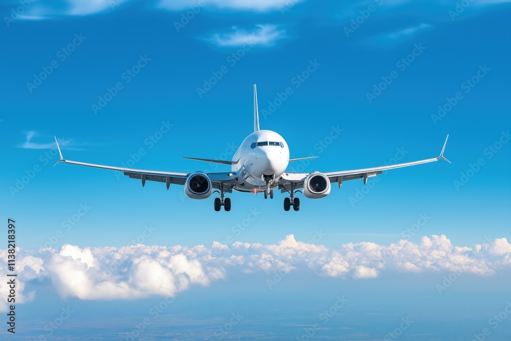 A white airplane is flying through a blue sky with clouds. The sky is clear and the clouds are scattered throughout the sky. The airplane is the main focus of the image A white airplane is flying through a blue sky with clouds. The sky is clear and the clouds are scattered throughout the sky. The airplane is the main focus of the image