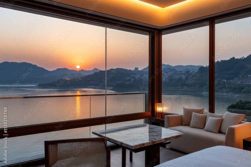 Fototapeta premium This contemporary hotel room boasts a stunning ocean view at sunset, perfect for guests seeking a blend of luxury and natural beauty.