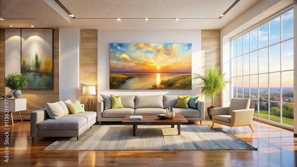 Modern Living Room Interior Design Featuring a Serene Sunset Landscape Painting Above a Comfortable Sofa Modern Living Room Interior Design Featuring a Serene Sunset Landscape Painting Above a Comfortable Sofa