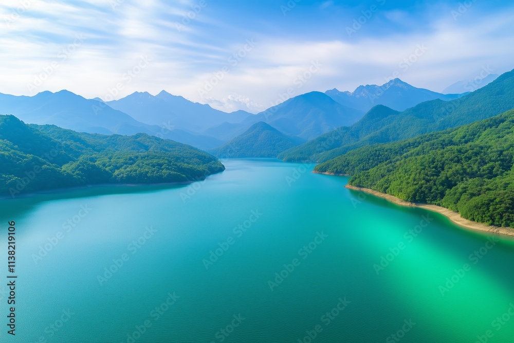 Serene Aerial View of Lush Green Mountains and Turquoise Lake Under a Clear Blue Sky Serene Aerial View of Lush Green Mountains and Turquoise Lake Under a Clear Blue Sky
