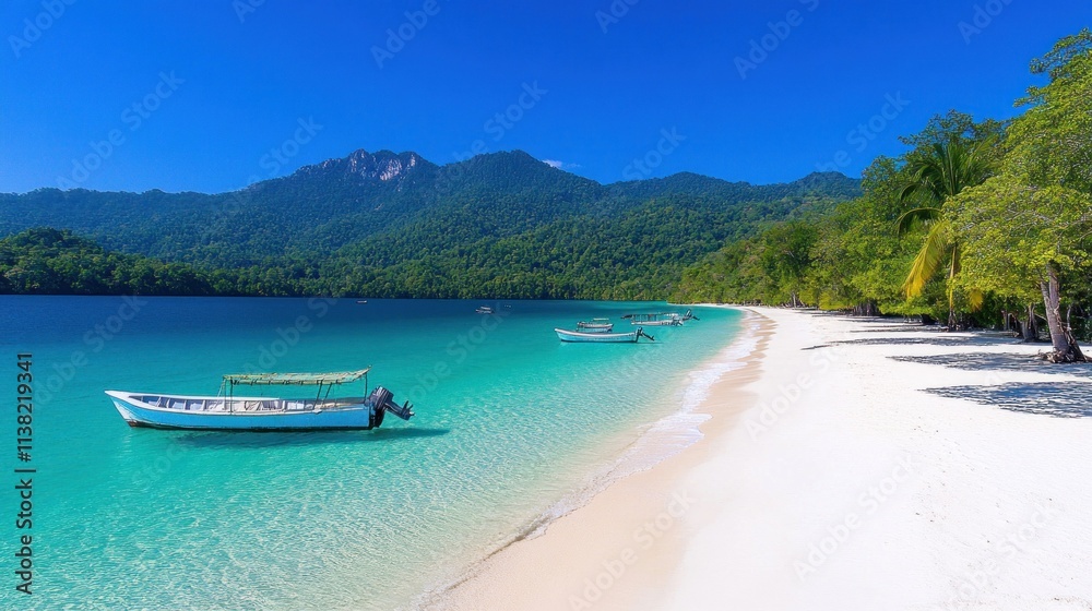 Serene beach with boats and lush mountains in the background. Serene beach with boats and lush mountains in the background.
