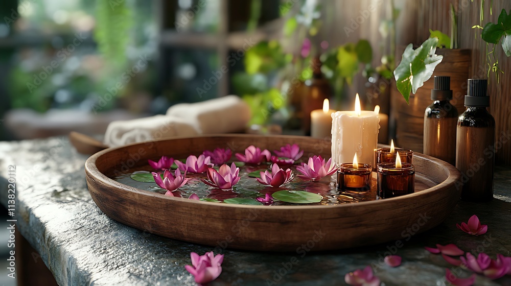 A peaceful spa setting with a wooden tray holding a bowl of floating lotus petals, scented candles, and herbal oils, all set on a textured stone surface under warm diffused light, A peaceful spa setting with a wooden tray holding a bowl of floating lotus petals, scented candles, and herbal oils, all set on a textured stone surface under warm diffused light,