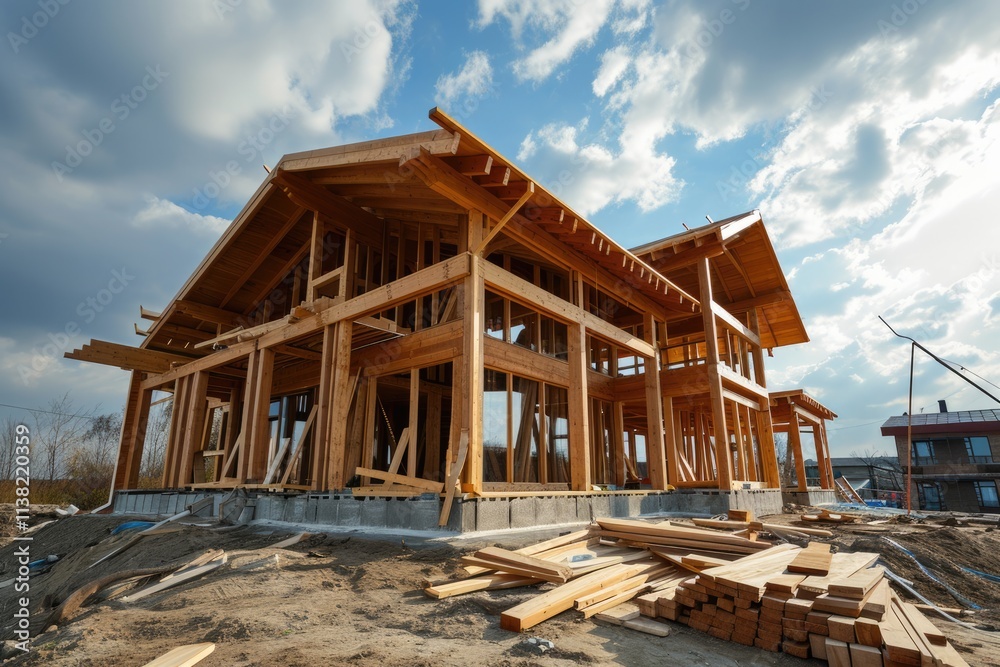 Team of Builders Working on Timber Frame House Construction in the Sunshine Team of Builders Working on Timber Frame House Construction in the Sunshine