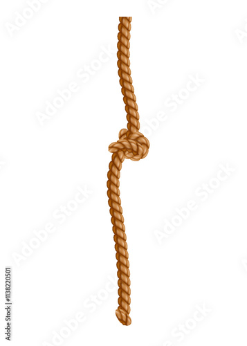 Hanging rope with tassel and node. Knitted nautical thread or marine vertical fiber. Textile tassel hang at rope isolated on white background. Vector illustration