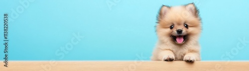 Playful Pomeranian puppy with a joyful expression against a vibrant blue background.