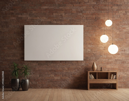 Modern minimalist interior with blank canvas, brick wall, and hanging pendant lights