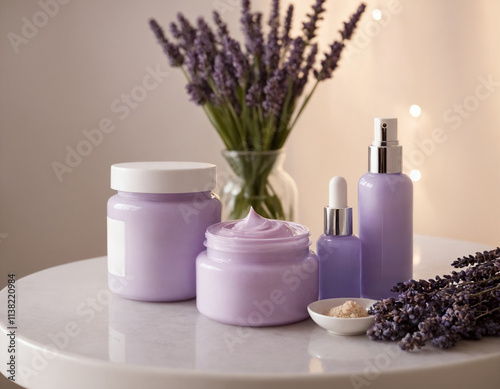 Lavender Spa Products on White Table with Fresh Flowers in Soft Light