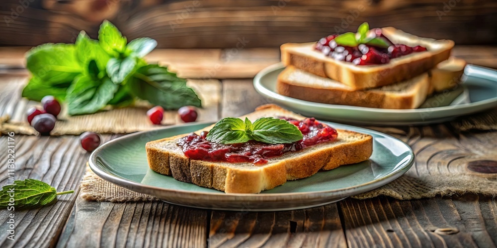 Delicious toasted bread topped with homemade berry spread and fresh mint leaves, served on rustic plates Delicious toasted bread topped with homemade berry spread and fresh mint leaves, served on rustic plates