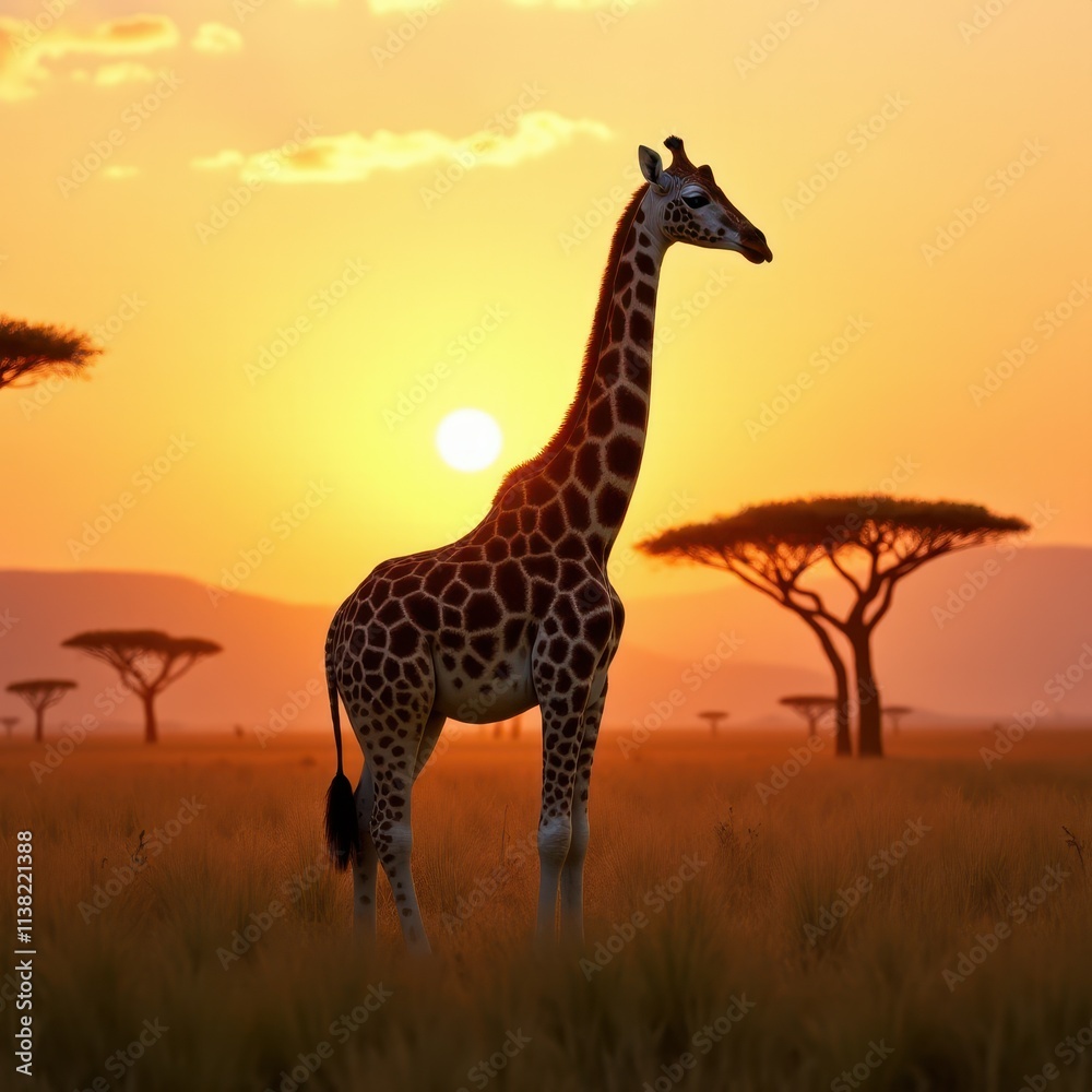 Obraz premium A majestic giraf captured during sunset, highlighting its distinctive coat and long, elegant neck.