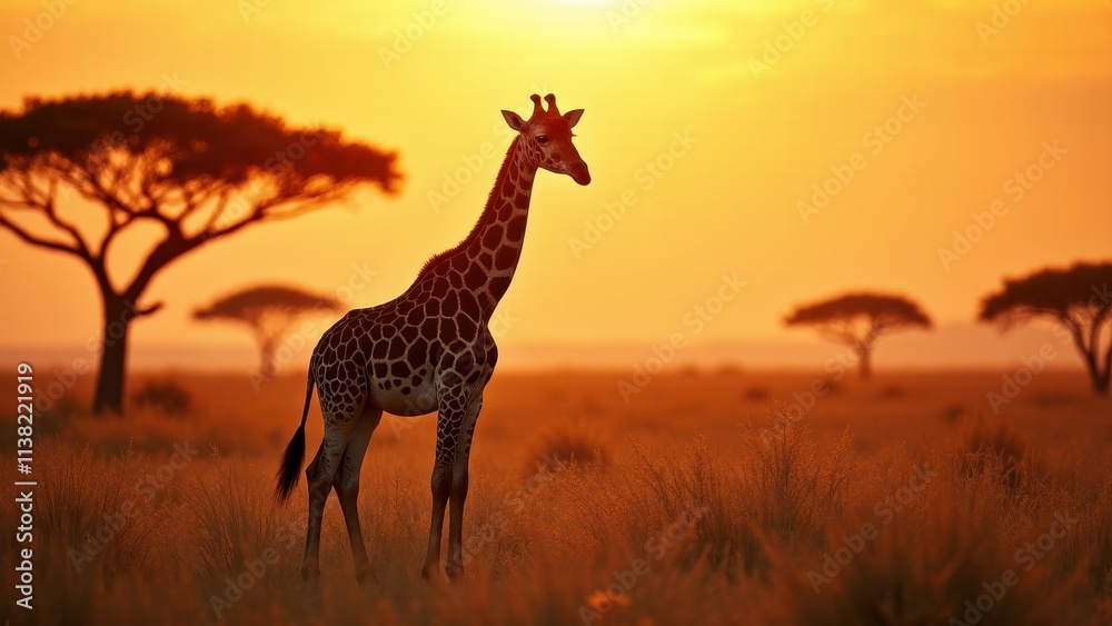 Giraf in the savanna, surrounded by acacia trees and illuminated by the soft hues of dusk. Giraf in the savanna, surrounded by acacia trees and illuminated by the soft hues of dusk.
