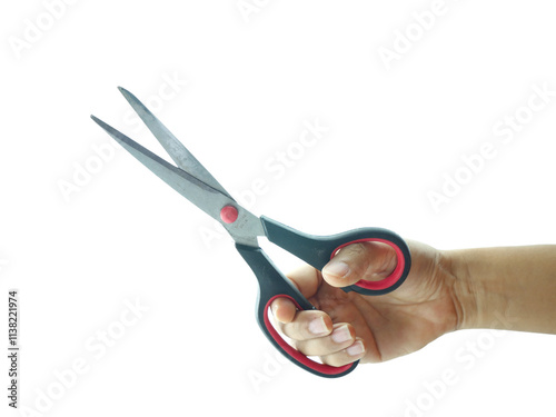 Female hand holding Scissors isolated on white background.