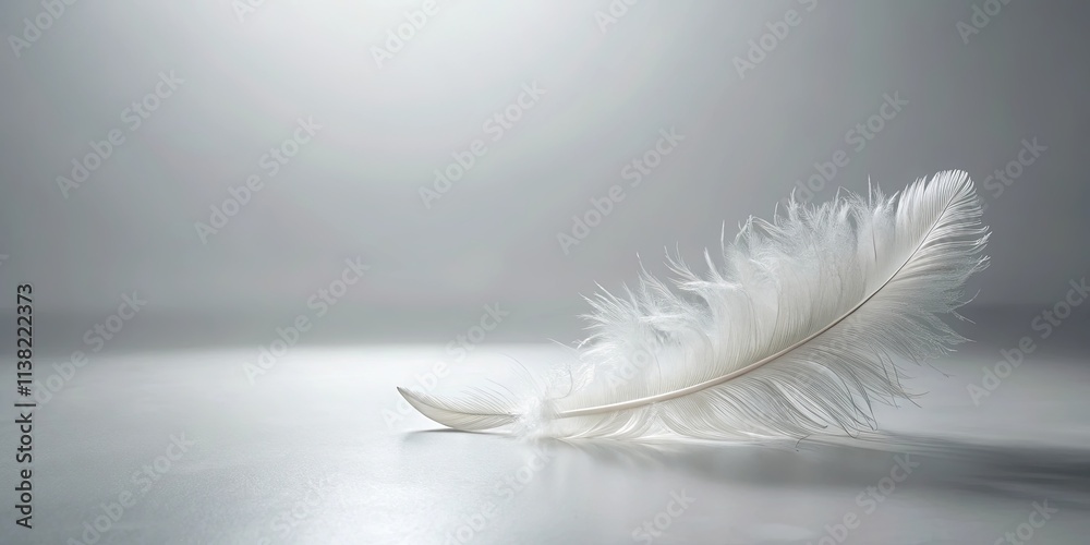 Obraz premium A single, delicate white feather rests gently on a smooth, light gray surface, illuminated by soft, diffused light.