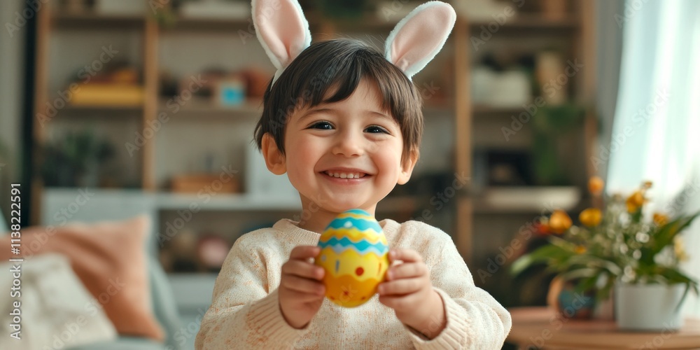 A joyful child wearing bunny ears smiles while holding a colorful Easter egg. The background showcases a cozy home environment. Perfect for holiday themes. AI A joyful child wearing bunny ears smiles while holding a colorful Easter egg. The background showcases a cozy home environment. Perfect for holiday themes. AI