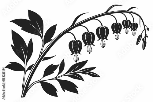 Bleeding Heart flowers, A heart-shaped bloom with a delicate drop-like structure below vector silhouette on a white background