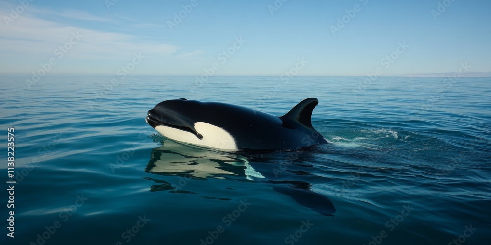 Fototapeta premium A stunning orca breaching the surface of calm ocean waters. The peaceful scene captures the beauty of marine life. Ideal for nature lovers. Perfect for educational purposes. AI