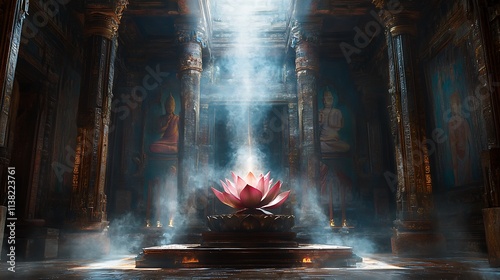 A sacred lotus glowing under a beam of light in the center of an ancient temple, surrounded by ornate murals and delicate carvings, with incense smoke drifting through the air, serene and mystical.