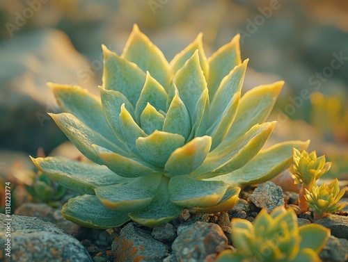 Succulent plant in garden pot with green and orange leaves under natural light