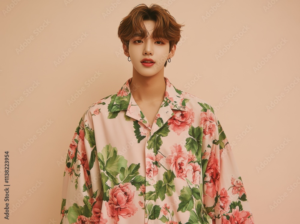 handsome man with a floral shirt in summer handsome man with a floral shirt in summer