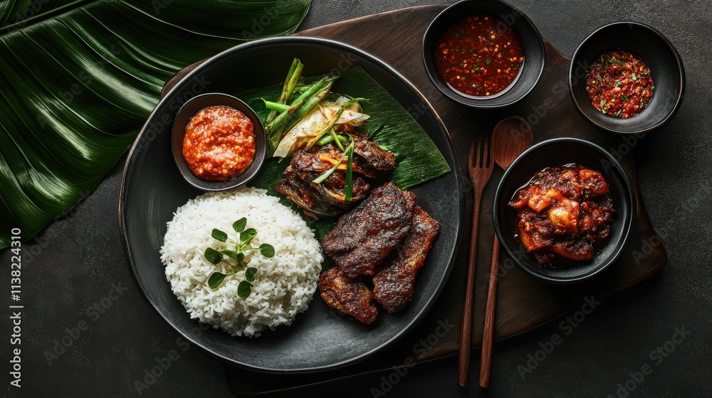Nasi Padang, a variety of small dishes including rendang, sambal, and fried fish, served with steamed rice Nasi Padang, a variety of small dishes including rendang, sambal, and fried fish, served with steamed rice