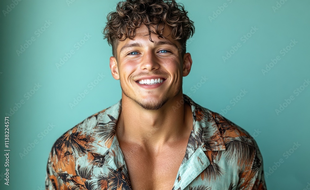 handsome man with a floral shirt in summer handsome man with a floral shirt in summer