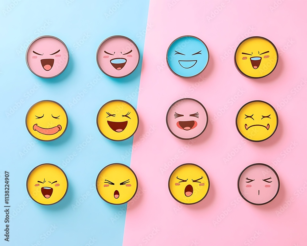 A set of emoji mirrors with various expressions arranged neatly on a pastel-colored backdrop A set of emoji mirrors with various expressions arranged neatly on a pastel-colored backdrop