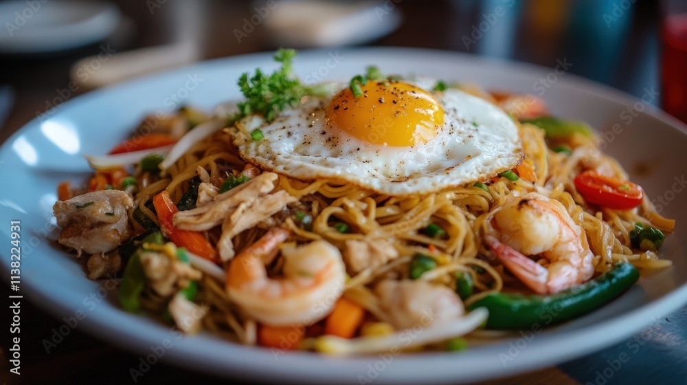A vibrant Indonesian Mie Goreng, a stir-fried noodle dish with shrimp, chicken, vegetables, and a fried egg on top A vibrant Indonesian Mie Goreng, a stir-fried noodle dish with shrimp, chicken, vegetables, and a fried egg on top
