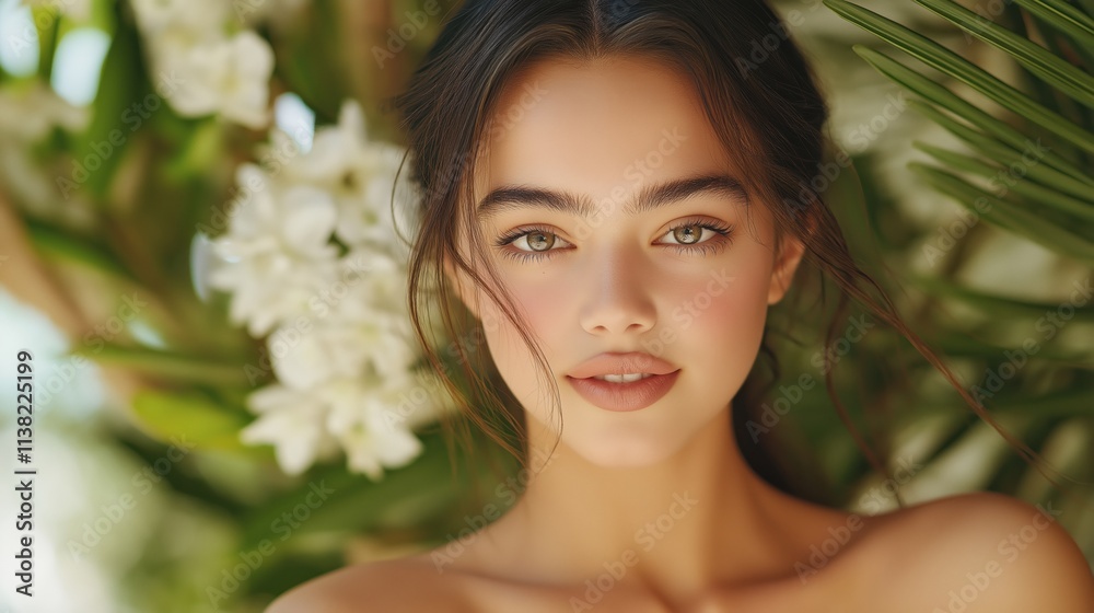 Woman with natural makeup among white flowers and green leaves. Spring beauty concept Woman with natural makeup among white flowers and green leaves. Spring beauty concept