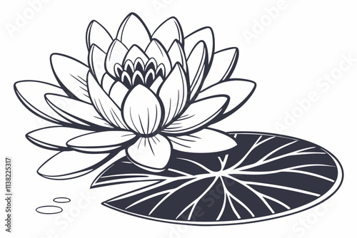 Exotic Flowers Lotus, A symmetrical bloom with rounded, layered petals, often resting on a lily pad vector silhouette on a white background