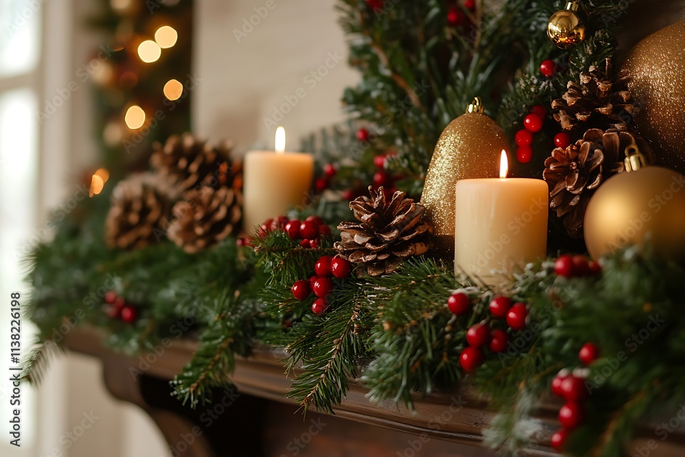 Festive holiday decorations on a mantle with candles and greenery Festive holiday decorations on a mantle with candles and greenery