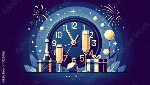 Festive New Year's Celebration Scene With Clock and Champagne Glasses