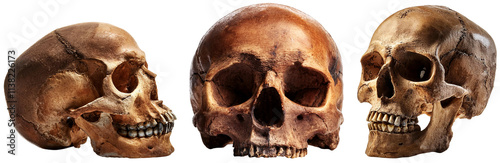 Extreme close-up, front and side view of three ancient human skulls. Isolated on white or transparent background, collection and variation. Png. Generative Ai.