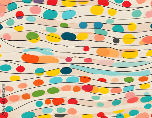 Multicolored curved checkered lines and confetti, polka dots, striped pattern on a light background