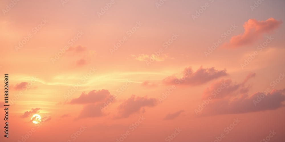 Fototapeta premium A soft, peach-hued sky with the sun shining through wispy clouds, creating a serene and tranquil atmosphere