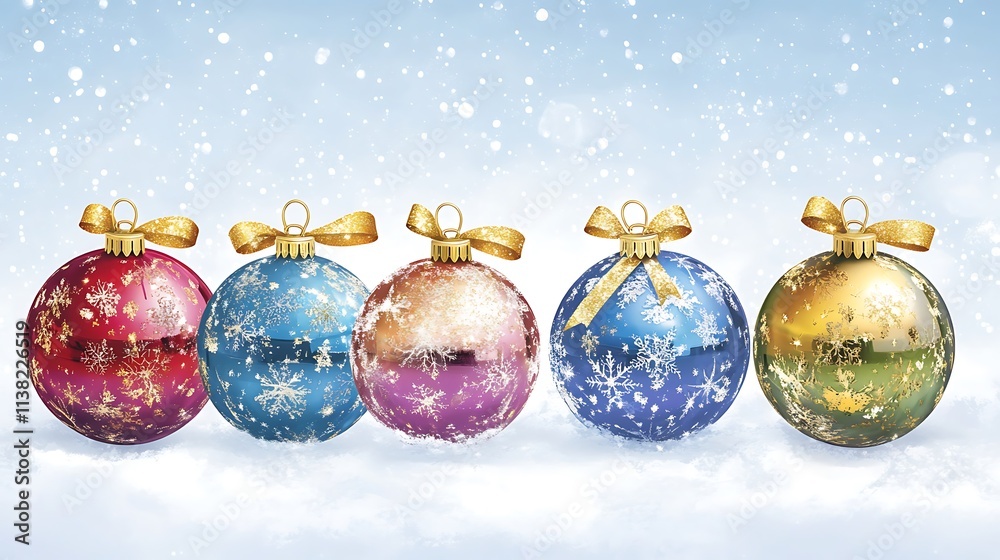 Christmas Baubles with Shiny Gold Ribbons and Snowy Background Christmas Baubles with Shiny Gold Ribbons and Snowy Background