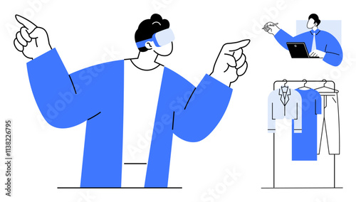 Individual wearing VR headset pointing to clothes on a rack. Laptop user browsing clothing options. Ideal for virtual shopping, VR technology, e-commerce, fashion retail, digital innovation, online