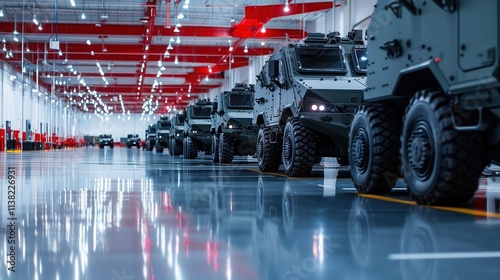 Military armored vehicles in grey paint with red ceiling lights. Defense storage concept photo