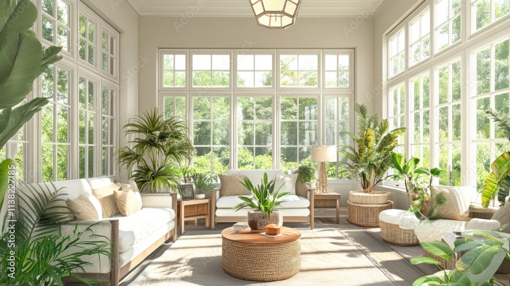 Fototapeta premium Sunlit conservatory with white sofas, wicker furniture, and abundant tropical plants.