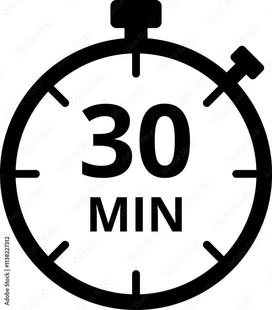 Minute timer icon - The indicates the limited cooking time or deadline. Shortest time stopwatch vector icon black and white. Minute timer icon - The indicates the limited cooking time or deadline. Shortest time stopwatch vector icon black and white.