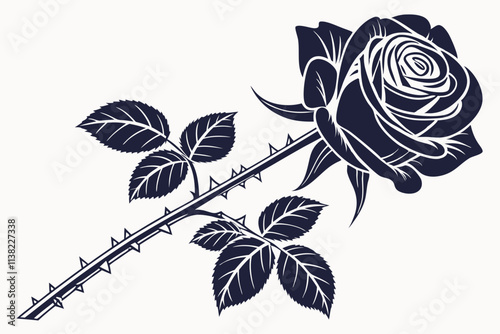 Classic Flowers Rose,A bloom with layered petals, iconic spiraling patterns, and sharp thorns on the stem vector silhouette on a white background