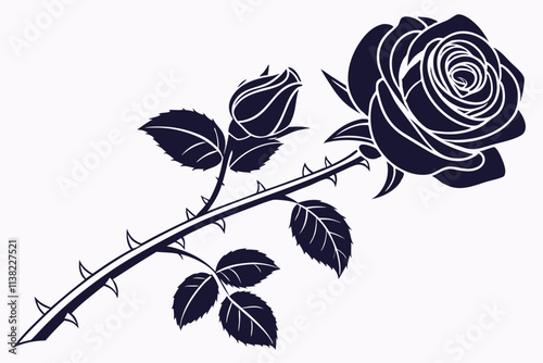 Classic Flowers Rose,A bloom with layered petals, iconic spiraling patterns, and sharp thorns on the stem vector silhouette on a white background