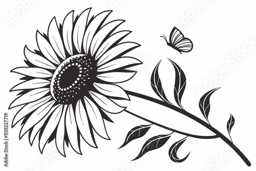 Sunflower, A large circular flower with a bold center and long, radiating petals vector silhouette on a white background photo