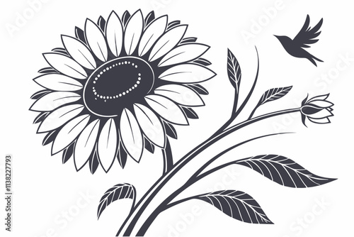 Sunflower, A large circular flower with a bold center and long, radiating petals vector silhouette on a white background photo